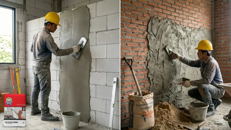 plester konvensional vs plester mortar